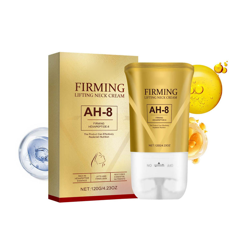 Hand holding unisex neck cream, showing product size & branding for tightening & lifting, crepey skin