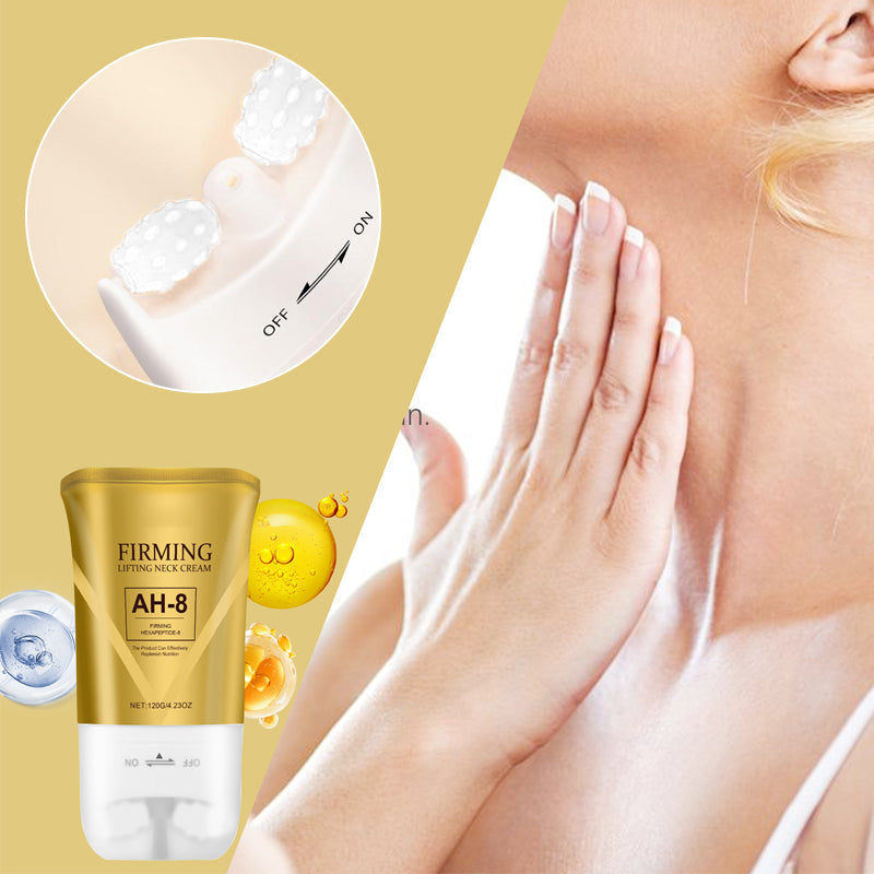 Close-up of neck cream jar, highlighting 'Tightening & Lifting' for crepey skin, anti-aging formula