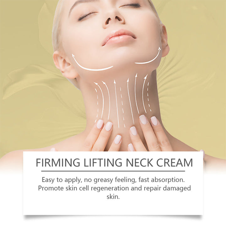 Unisex model applying neck cream to targeted neck area, demonstrating firming & lifting use, anti-aging