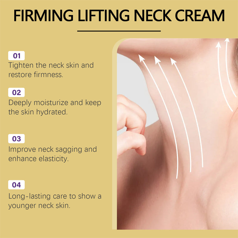 Neck cream with key ingredients listed: hydrating peptides, firming collagen, anti-aging benefits for neck