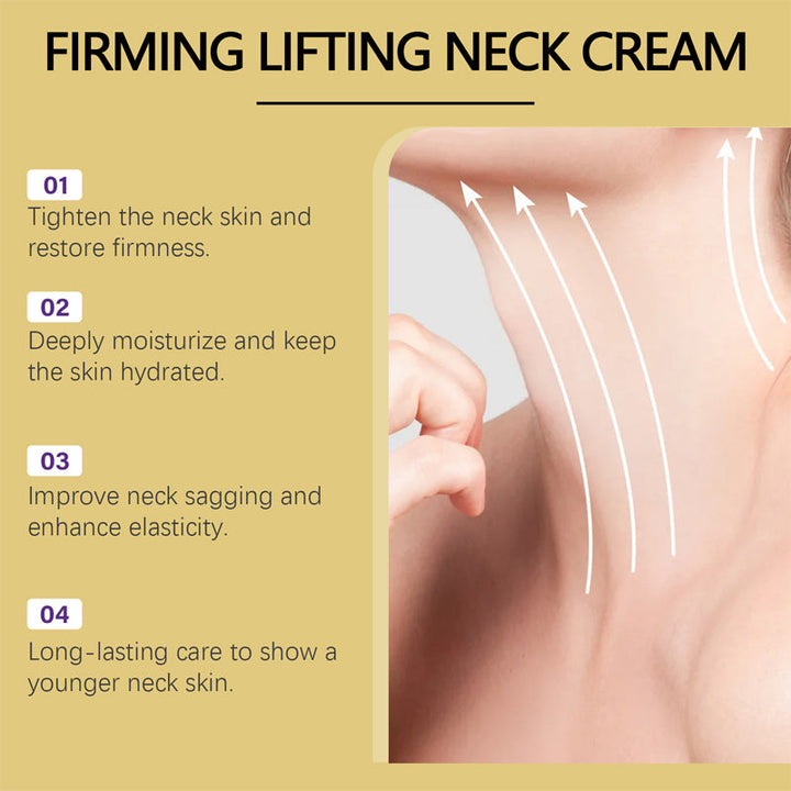 Neck cream with key ingredients listed: hydrating peptides, firming collagen, anti-aging benefits for neck
