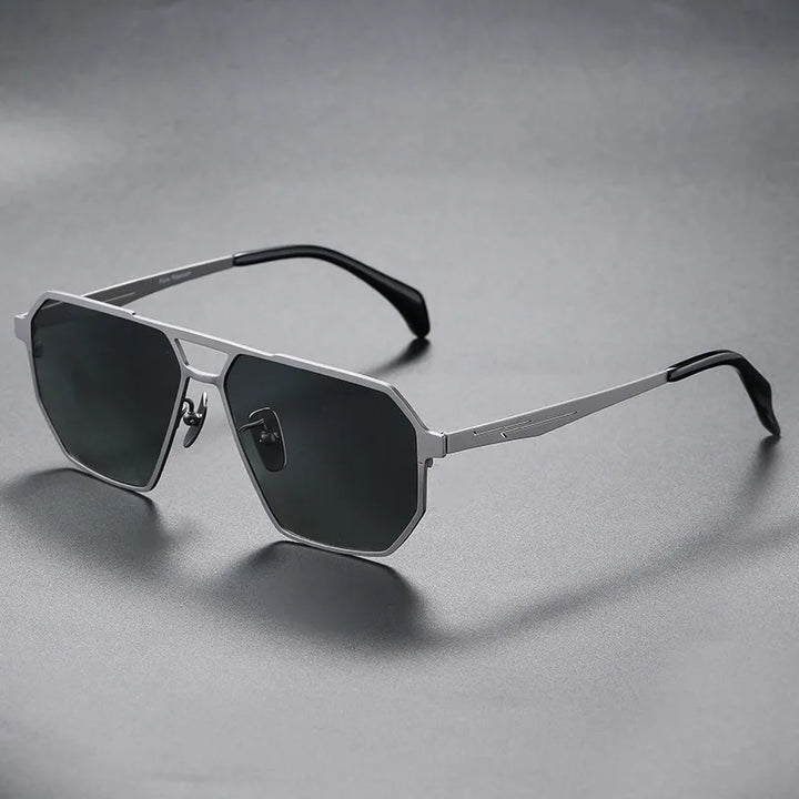 Unisex polarized sunglasses in a protective case, showcasing their premium titanium frames and glare-reducing lenses