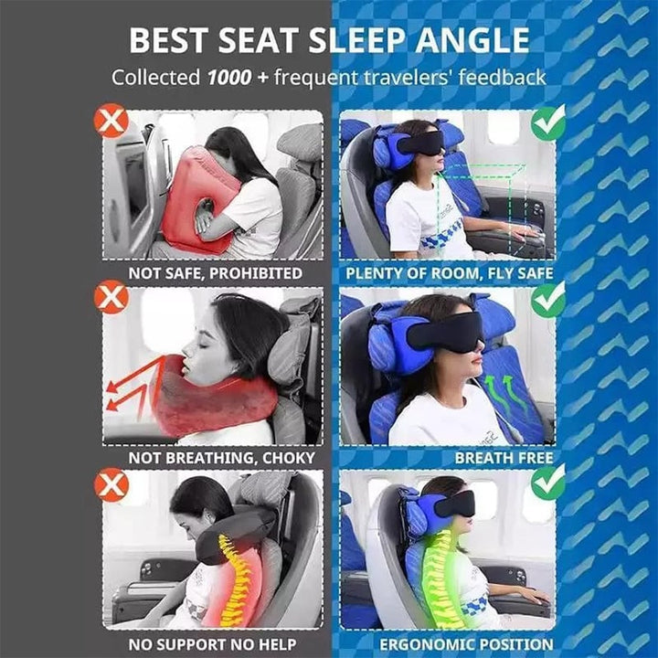 Travel pillow made of memory foam with head strap, paired with an eye mask for ultimate sleep aid