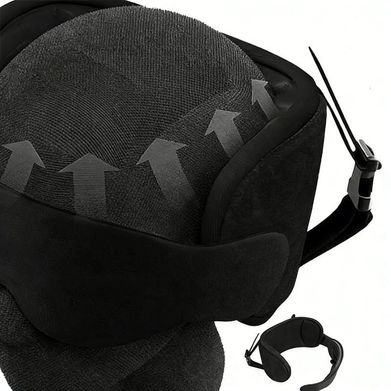 Unisex neck pillow for travel with secure head strap and a sleep-enhancing eye mask
