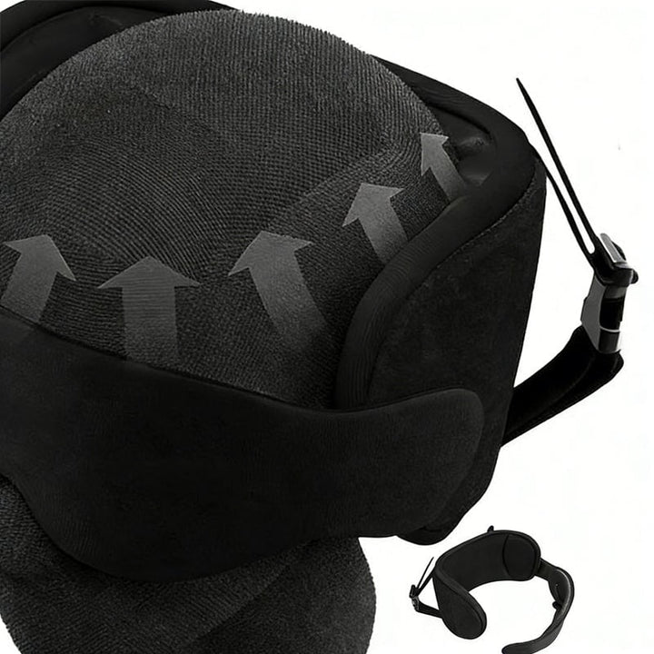 Unisex neck pillow for travel with secure head strap and a sleep-enhancing eye mask