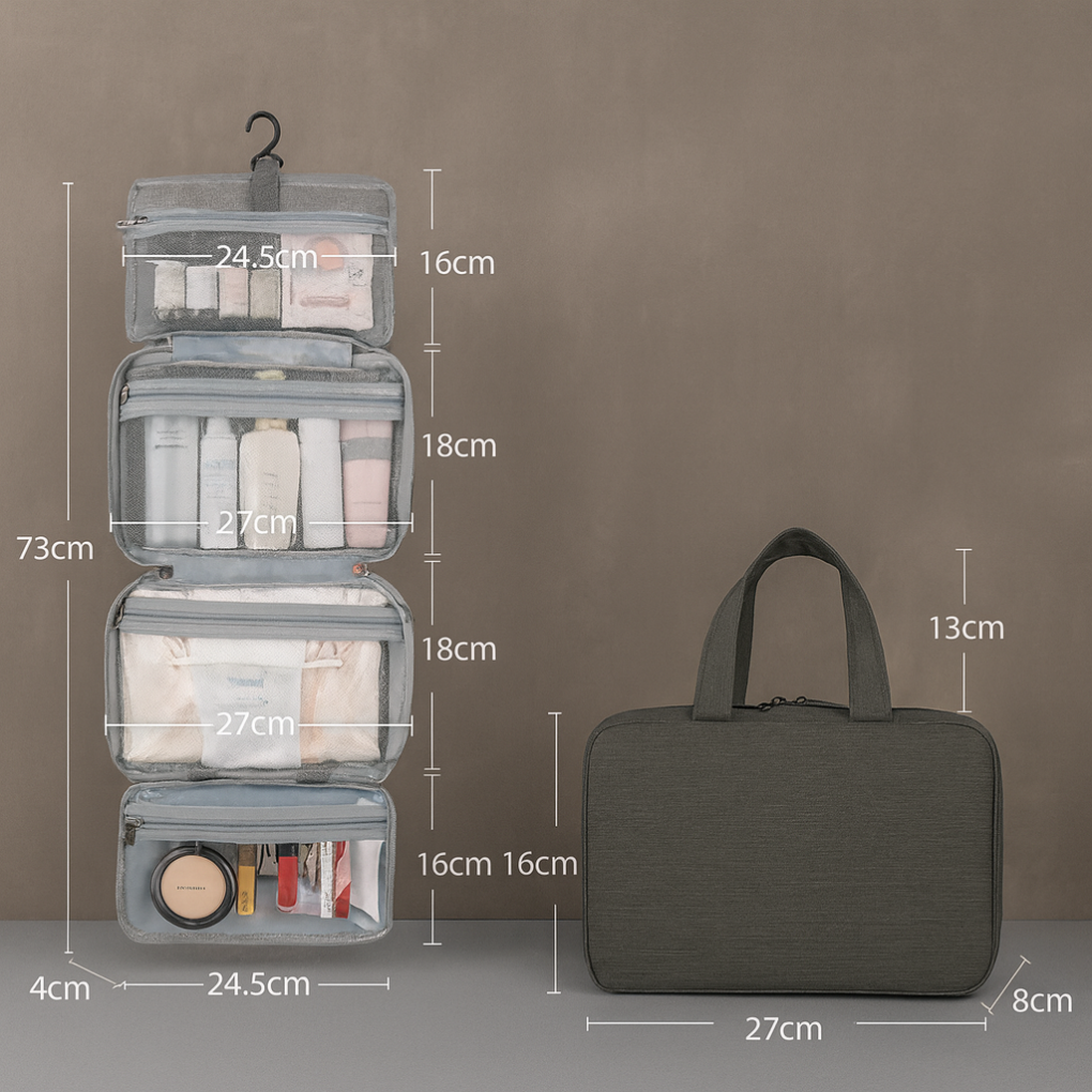 Unisex travel toiletries organizer bag with multiple compartments, waterproof, portable, perfect for wash & makeup.