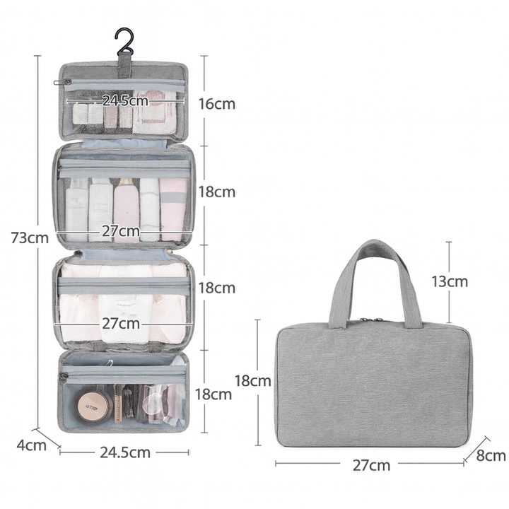 Hanging travel toiletries bag for men & women, multi-compartment for organized bathroom storage & travel essentials.