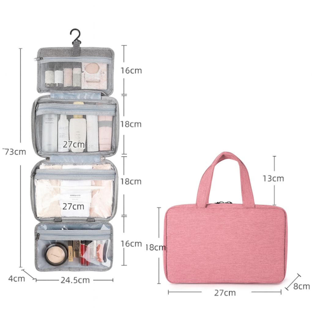 Portable unisex travel organizer bag for toiletries, makeup & wash items. Multi-compartment design for efficient packing.