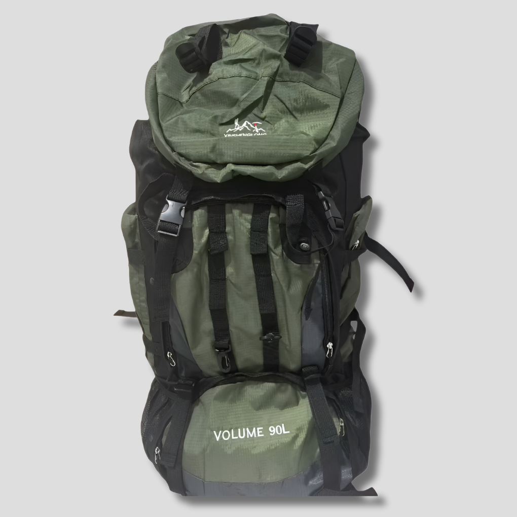 Unisex Ultra-Light 90L Waterproof Hiking Backpack, black, front view. Ideal for outdoor camping & trekking.