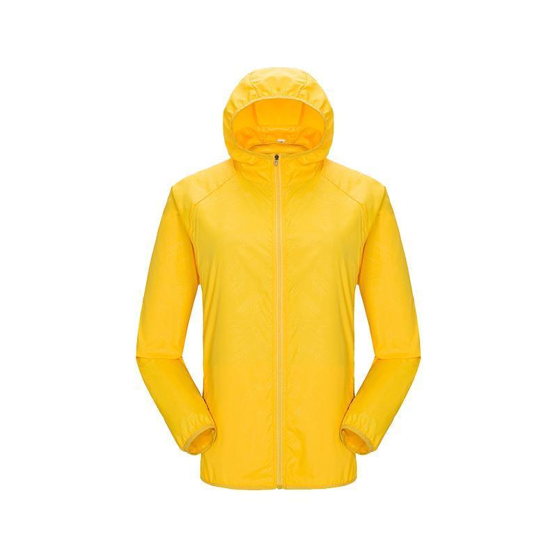 Compact folded windbreaker, ready for packing into a backpack or travel bag.
