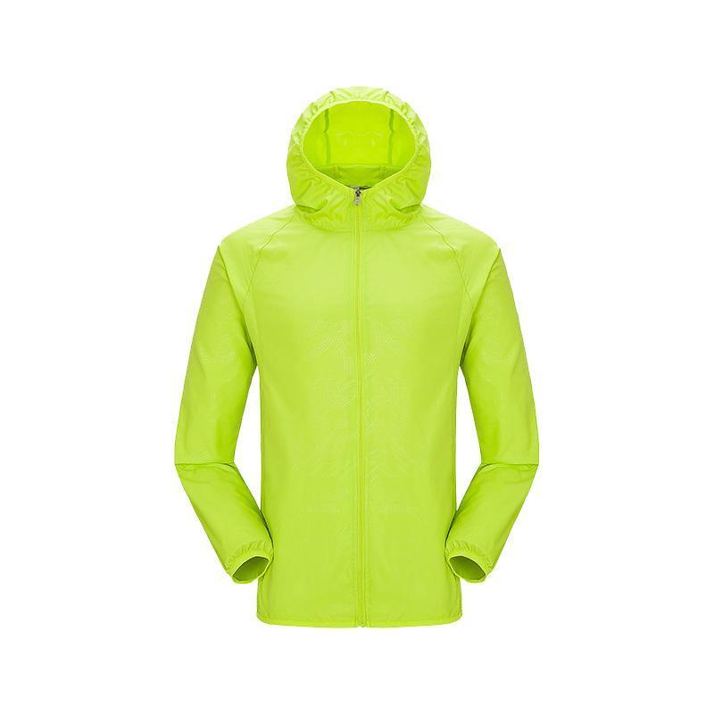 Side profile of the unisex rainproof jacket, showcasing its sleek design and weather resistance.