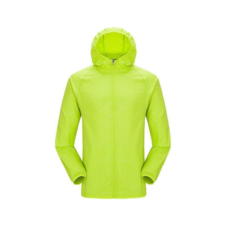 Side profile of the unisex rainproof jacket, showcasing its sleek design and weather resistance.