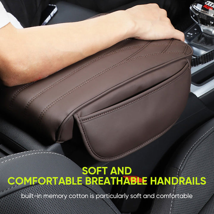 Soft leather car armrest cushion, universal fit, enhancing driving aid and auto accessory.