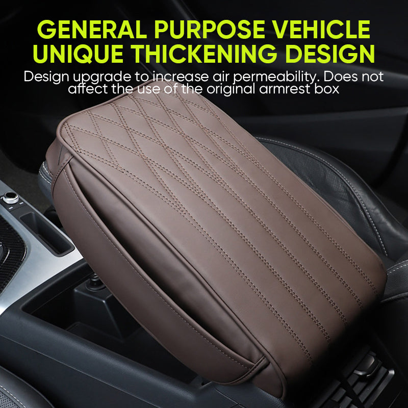 Beige leather car armrest cover, plush padding for premium car comfort and support.
