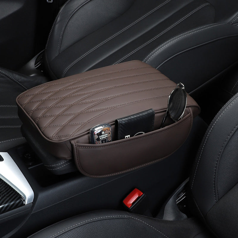 Breathable leather car armrest pad, universal design, perfect for long drives and car comfort.