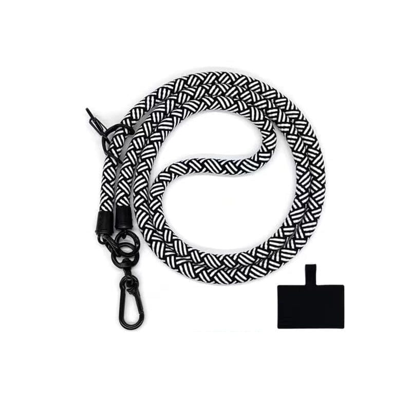 Woman using a black Universal Phone Crossbody Lanyard while walking, showing hands-free phone access.