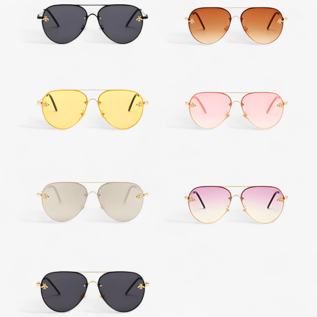 Retro unisex aviator sunglasses with bee ornament. High-quality metal frame & UV400 protection.