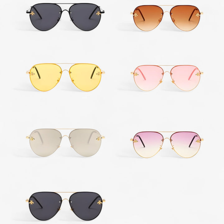 Retro unisex aviator sunglasses with bee ornament. High-quality metal frame & UV400 protection.