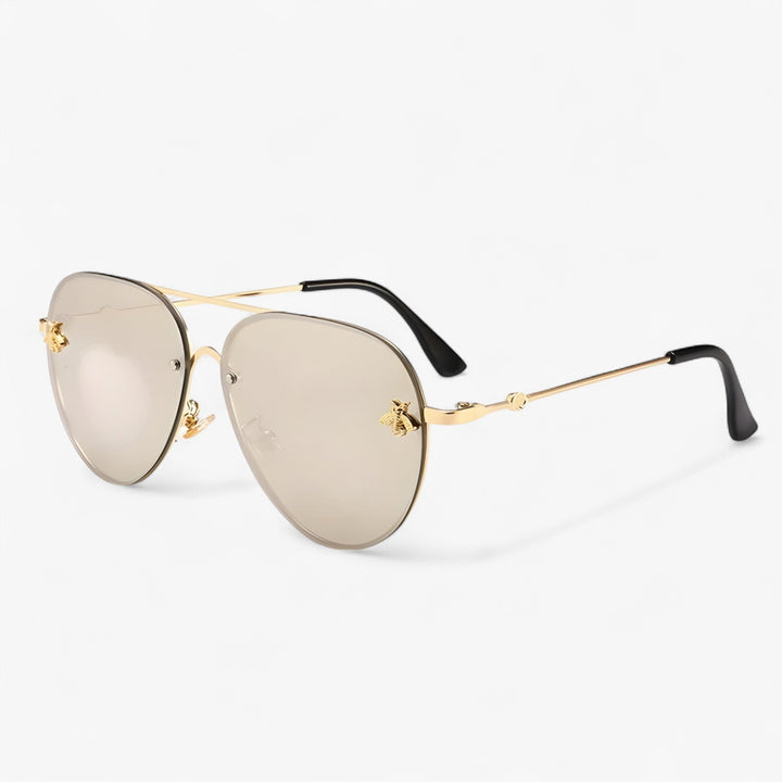 Fashionable vintage aviator sunglasses, gold metal frame, with bee detail for a unique summer look.