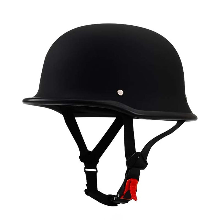 Side profile of a classic style half-face motorcycle helmet, vintage design, unisex rider gear.