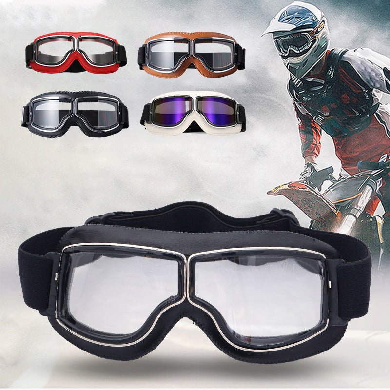 Protective rider gear: vintage-style motorcycle goggles for enhanced road safety.