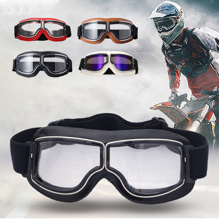 Protective rider gear: vintage-style motorcycle goggles for enhanced road safety.