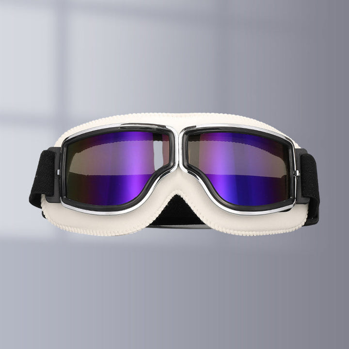 Adjustable strap vintage motorcycle goggles, designed to fit various helmet types.