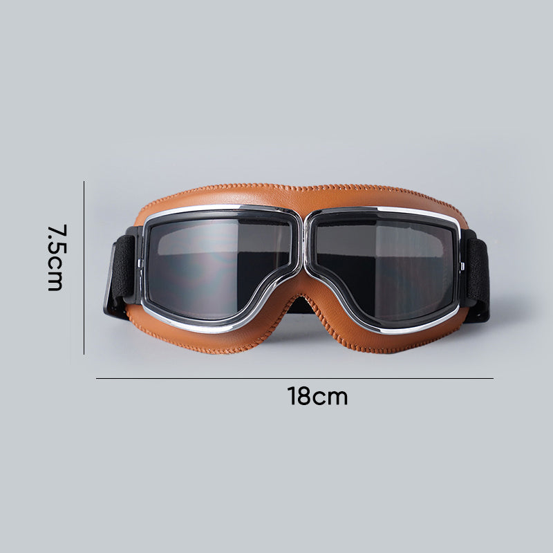 Retro motorcycle goggles featuring impact-resistant lenses and UV protection.