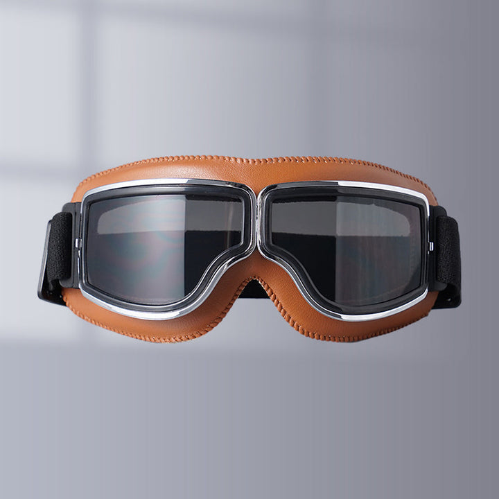 Durable vintage motorcycle goggles ensuring clear vision for all-weather use.