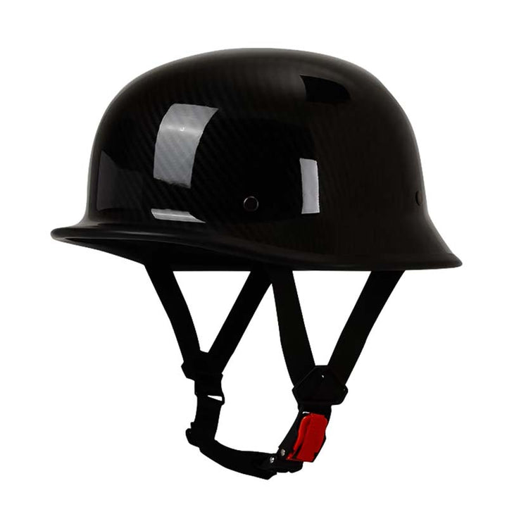 Sleek gloss black vintage open-face motorcycle helmet, ECE & DOT approved.