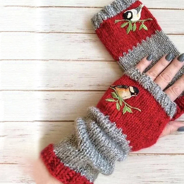 Warm knitted gloves with creative patchwork and embroidery design, unisex and comfortable