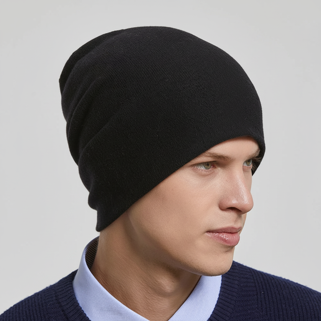 Soft knit slouchy beanie hat, a warm winter accessory for men & women. Stylish headwear for cold weather comfort.