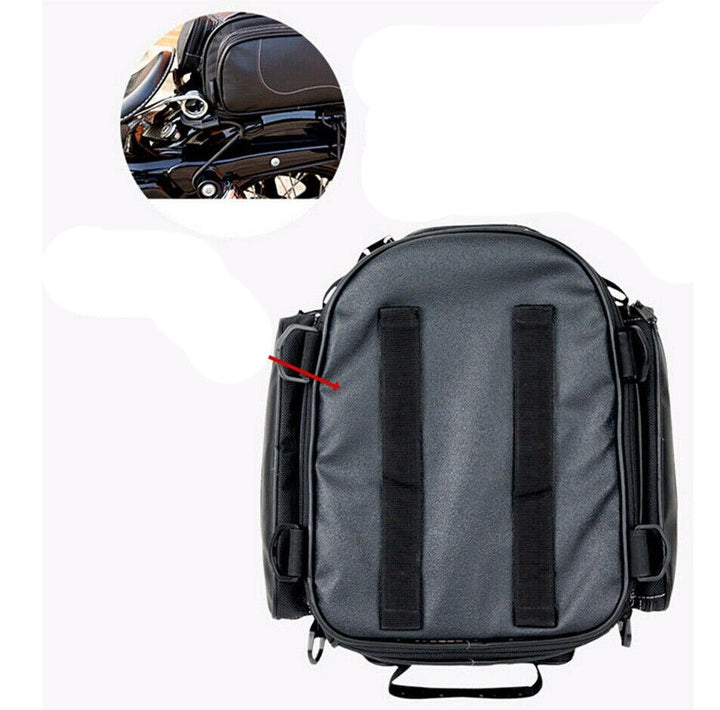 Durable PU leather motorcycle tail bag, water-resistant, ideal for riding accessories & luggage storage.