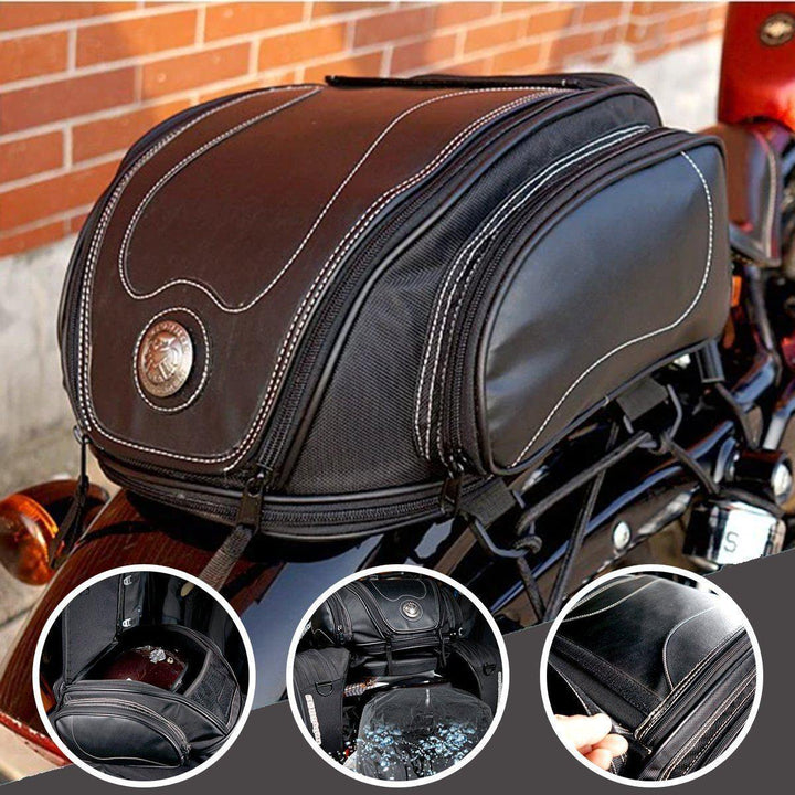 Unisex water-resistant motorcycle tail bag, expandable storage for all riding gear, accessories & luggage.