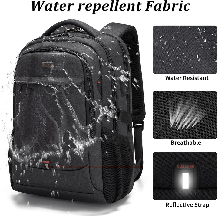 Smart student backpack, spacious, water-resistant for books and electronics.