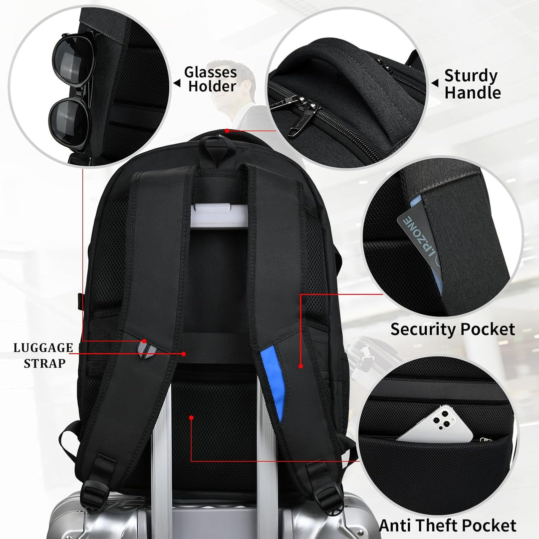 Ergonomic travel laptop backpack, anti-theft design, with USB port access.
