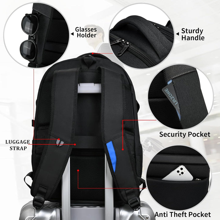 Ergonomic travel laptop backpack, anti-theft design, with USB port access.