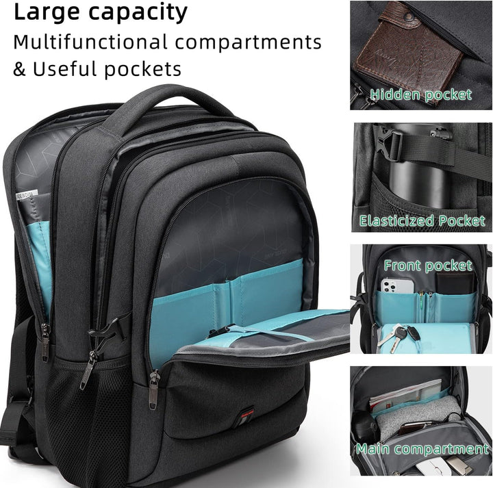 Organized laptop backpack, unisex, with multiple compartments & USB feature.