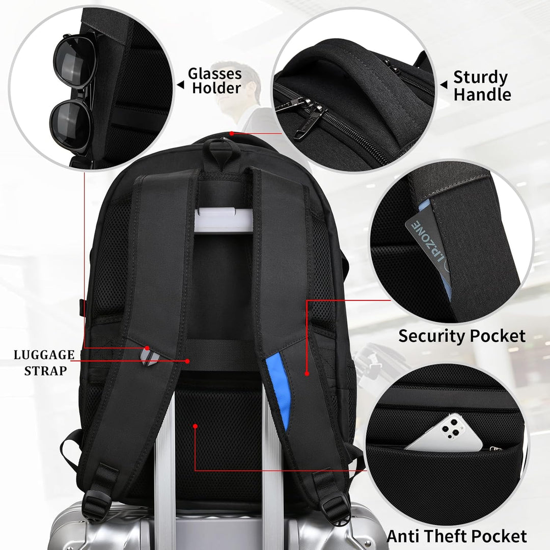 Water-resistant work and commute backpack, highly organized interior design.