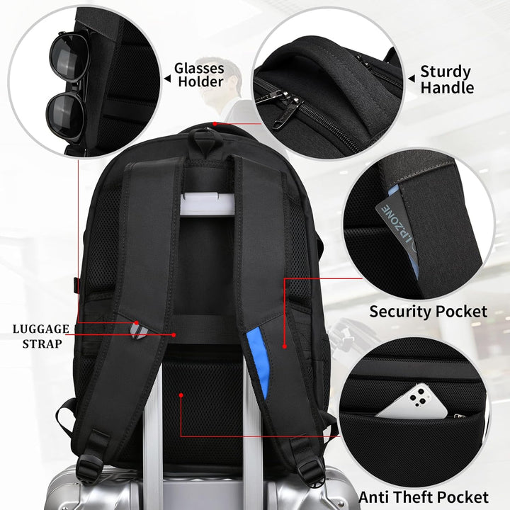 Water-resistant work and commute backpack, highly organized interior design.