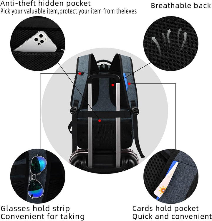 Unisex travel & commute backpack, water-resistant, with external USB charging.