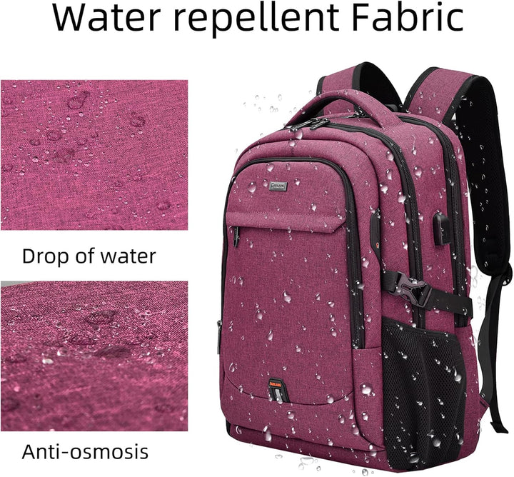 Student travel laptop backpack, water-resistant, with an anti-theft back pocket.
