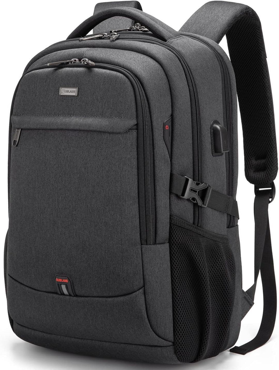 Black water-resistant travel backpack with USB port and anti-theft features.
