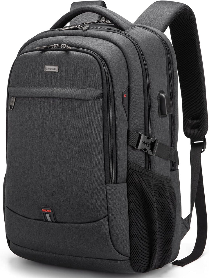 Black water-resistant travel backpack with USB port and anti-theft features.