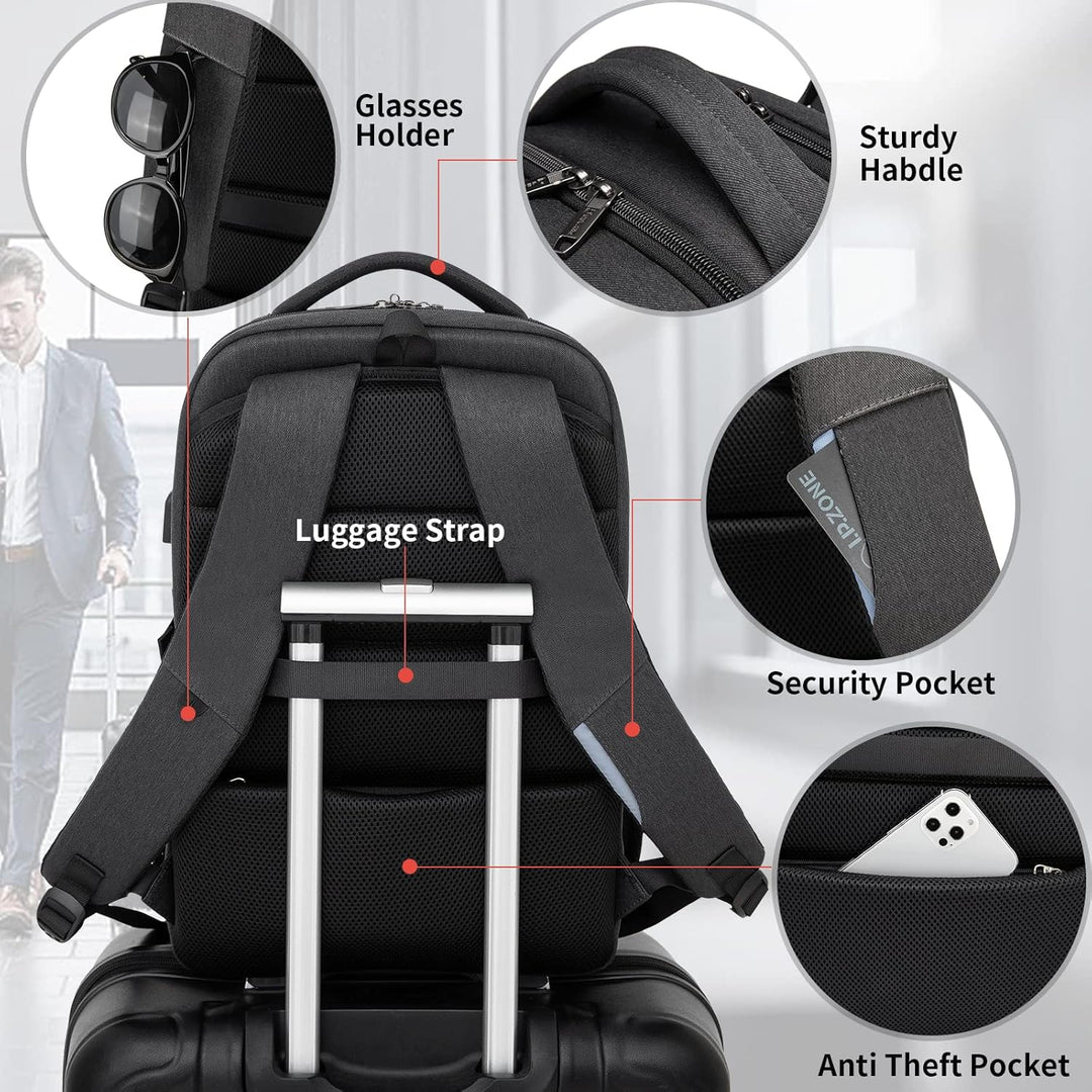 Daily carry USB backpack, water-resistant, ideal for any journey or commute.