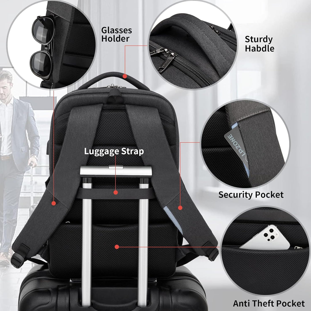 Organized travel laptop backpack, water-resistant, with a practical luggage strap.