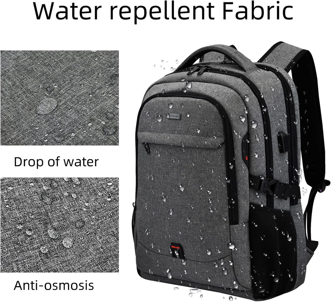 Black anti-theft laptop travel backpack, water-resistant for all weather.
