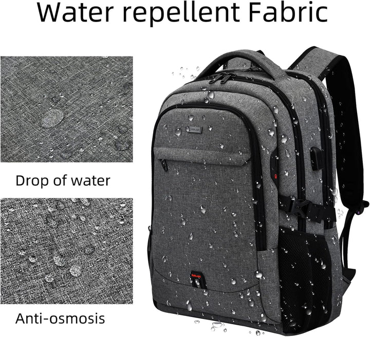 Black anti-theft laptop travel backpack, water-resistant for all weather.