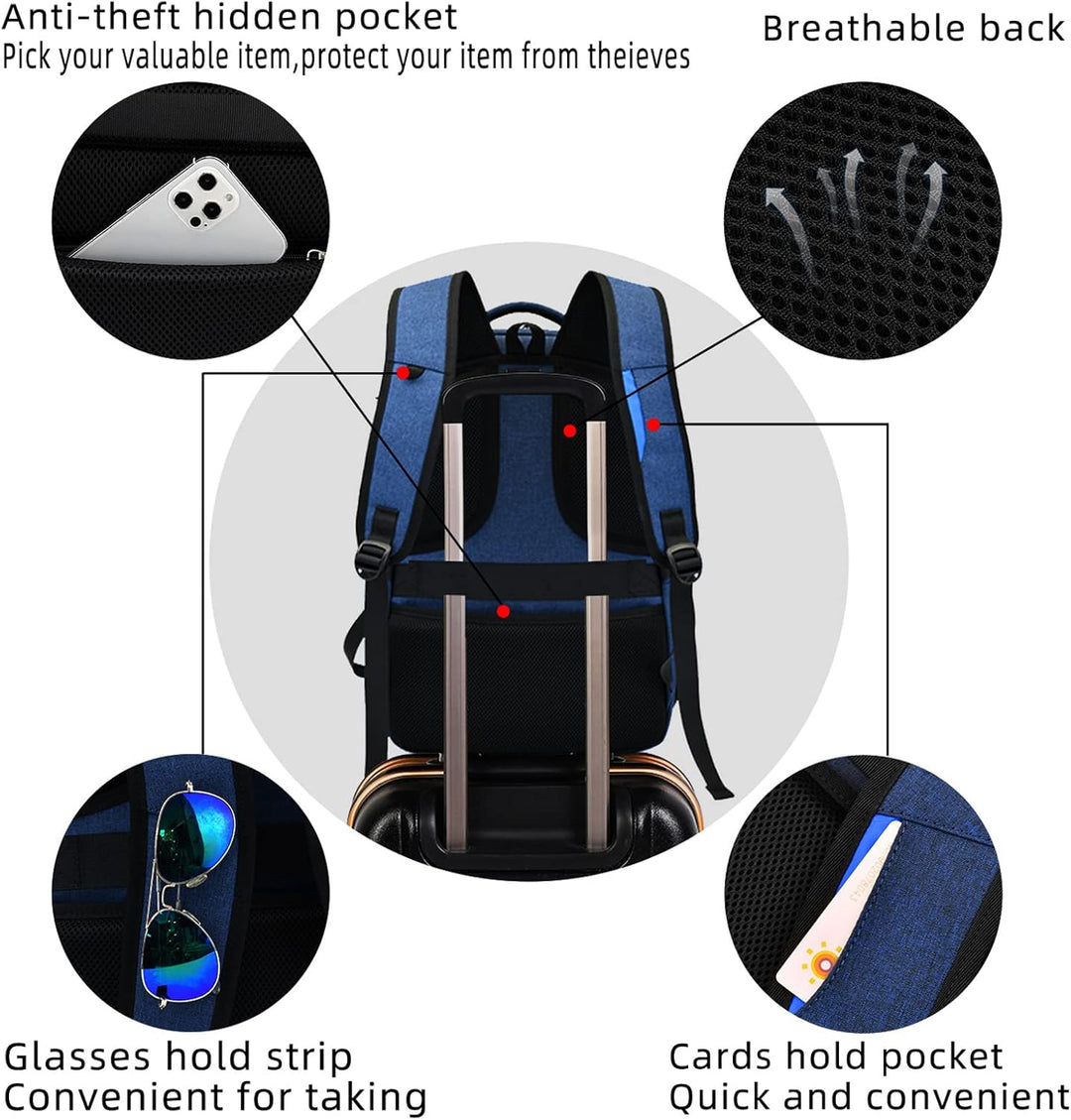 Spacious student laptop backpack, water-resistant fabric, includes luggage strap.