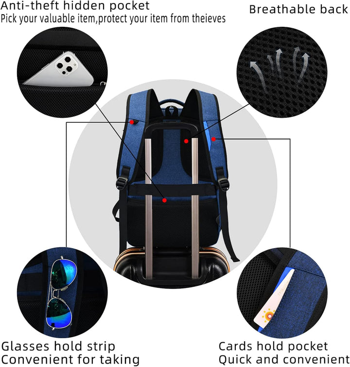Spacious student laptop backpack, water-resistant fabric, includes luggage strap.